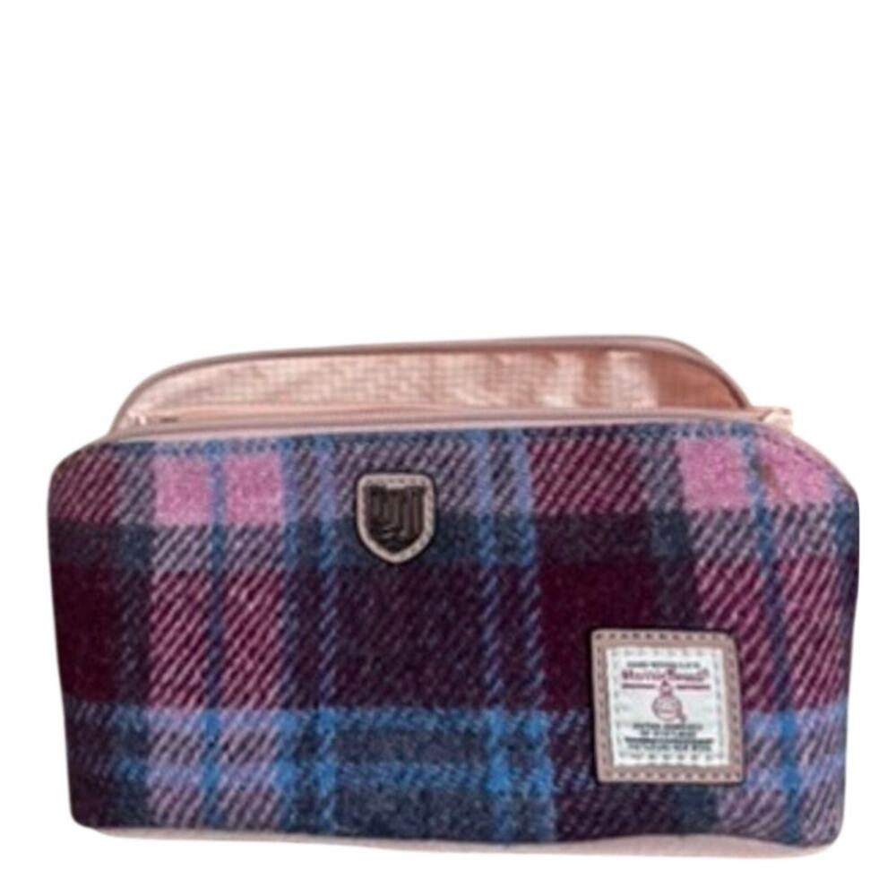 Harris Tweed Scotland Cosmetic Makeup Bag Pink Plaid Travel Toiletry Case